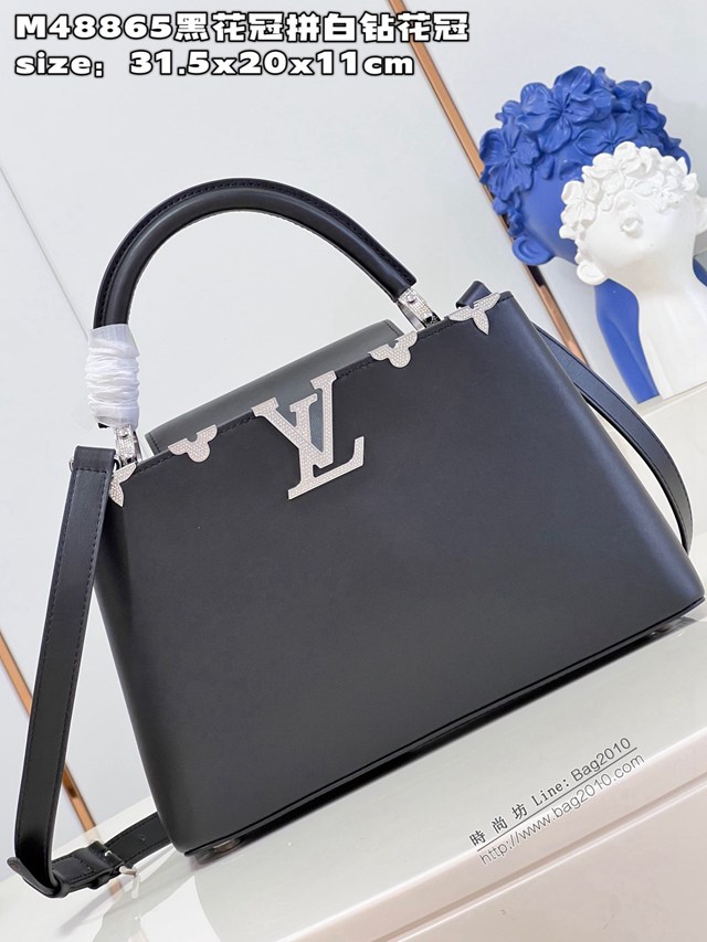 LV專櫃2023新款鱷魚紋手提肩背女包 M48865黑花冠拼白鑽花冠 路易威登中號Capucines MM手袋 dn1178